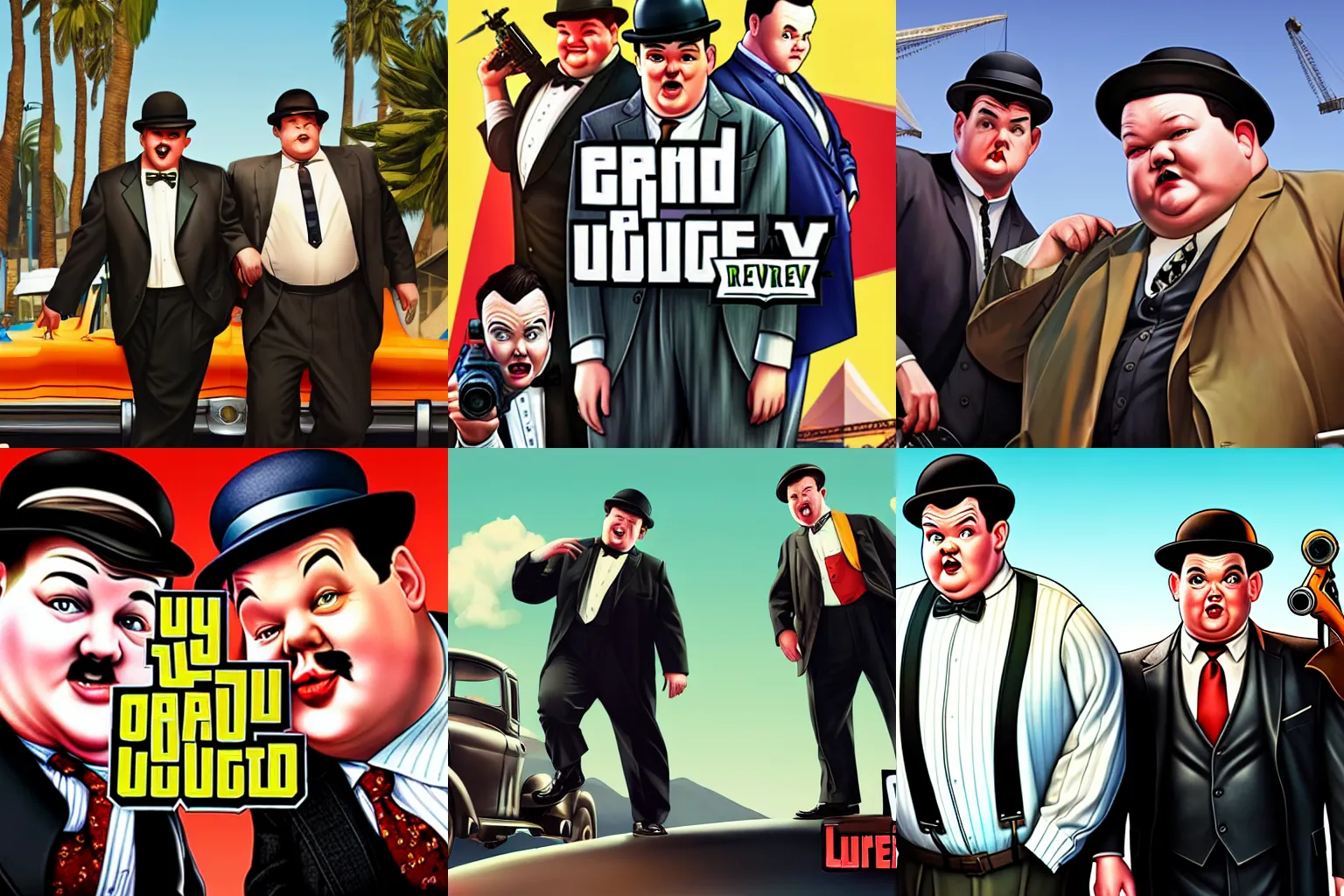 Prompt: Laurel and Hardy in Grand Theft Auto 5 cover art, epic, 4k resolution, extremely detailed, very sharp, artstation, digital art, vibrant,