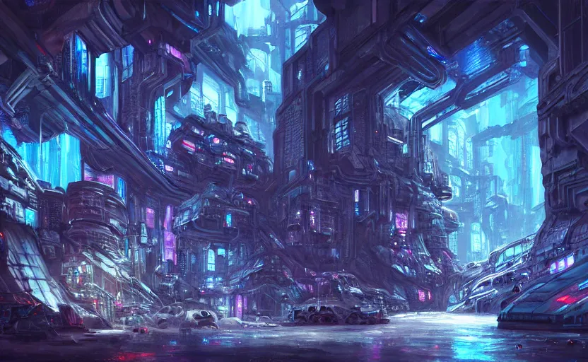 Image similar to cyberpunk factory in a dark cave, blue crystals, hyper detailed, realistic, intricate, concept art by frank hong, mate painting, artstation