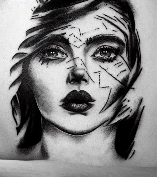 Prompt: tattoo design sketch of a beautiful woman face with a stunning mountain view faded background on her side, hyper - realistic, double exposure, in the style of matteo pasqualin, amazing detail, black and white, faded