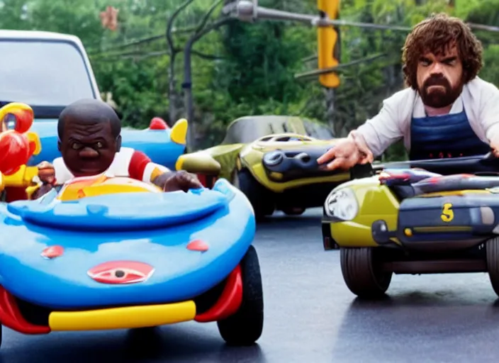 Image similar to peter dinklage racing gary coleman driving a little tikes cars, movie still, from the new fast and furious movie, 8 k, realistic