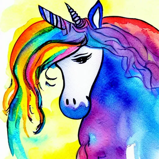 Prompt: girl and unicorn, illustration, cute watercolor children book colorful