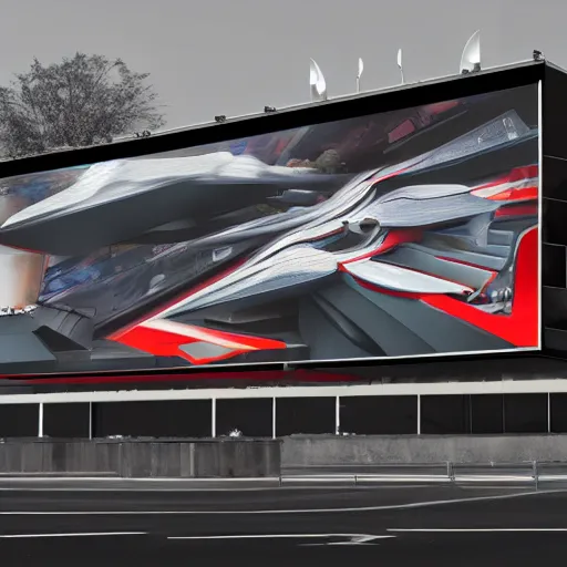 Image similar to sci-fi cars in center and wall near structure on the coronation of napoleon painting and digital billboard in the middle and everything in style of zaha hadid and suprematism forms, unreal engine 5, keyshot, octane, artstation trending, ultra high detail, ultra photo realistic, 8k, 16k, in plastic, dark, tilt shift,