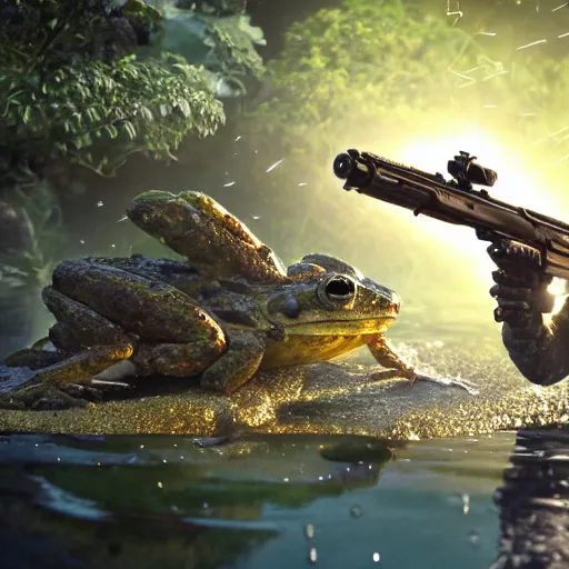 Prompt: amphibious toad mech stepping out of a pond with a lazer rifle dripping water. film still. brightly lit scene. this 4 k hd image is trending on artstation, featured on behance, well rendered, extra crisp, features intricate detail, epic composition and the style of unreal engine, national geographic, bandai box art.