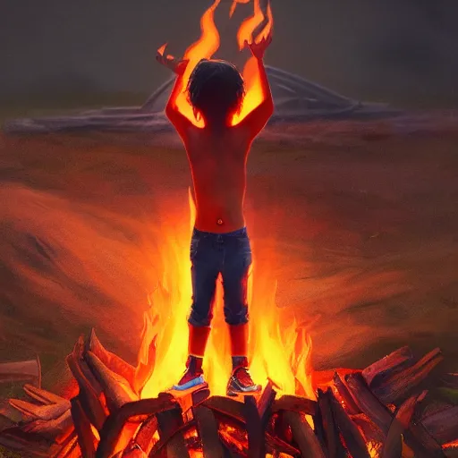 Image similar to 80's heavy metal kid standing in a fire ring, illustration, artgerm, octane render, inspired by Greg rutkowski, colorful, studio lighting, full body,