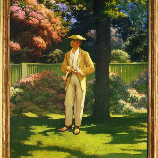 Prompt: a man alone in the middle of a majestic garden with trees made of fluffy clouds, god rays, masterpiece painted by maxfield parrish, jc leyendecker and hopper, flemish baroque