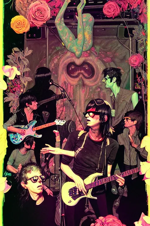 Image similar to the velvet underground and nico playing live on stage at a night club, beautiful stage decoration with flowers in the background, painting by james jean and norman rockwell, very detailed and colorful and toned down and ornamental and moody and cool and relaxed and high on drugs, trending on artstation, behance contest winner