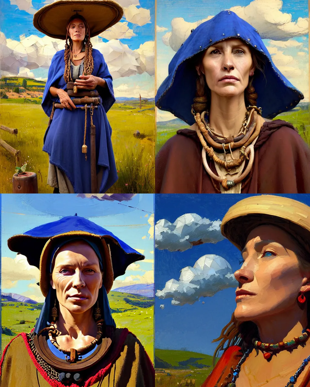 Image similar to portrait of medieval farmer woman with wooden jewelry, mediterranean features, wearing rich jewerly hat and deep blue boho poncho, fantasy character close up portrait, sitting dynamic pose, Low poly, thunder clouds in the sky, artwork by Jeremy Lipkin and Giuseppe Dangelico Pino and Michael Garmash and rob rey, levitation, industrial rusty pipes, simple form, brutal shapes