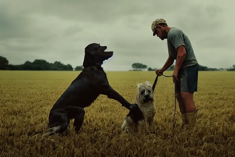 Image similar to a cinematic headshot portrait of a farmer and his dog, working out in the field, movie still, shallow depth of field, muted colors, by krenz cushart