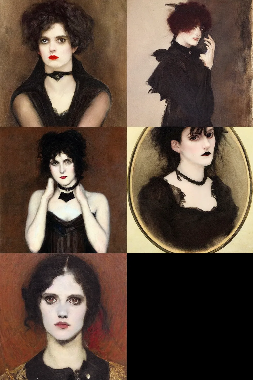 Prompt: a goth portrait painted by edwin austin abbey. high - quality character portrait. dark brown messy pixie cut, slightly rounded face, pointed chin, black eyes!!!, small nose, black tank top, black leather jacket, black knee - length skirt, black choker.