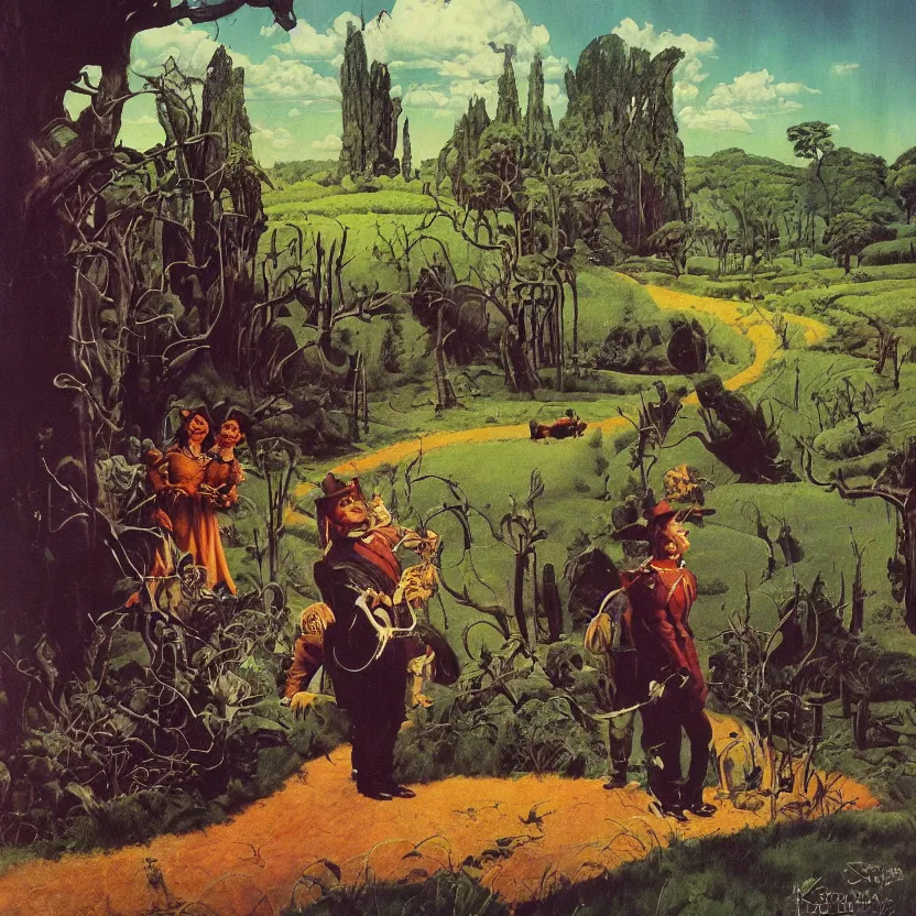 Prompt: a backdrop from the wizard of oz, forest and fields. highly detailed science fiction painting by norman rockwell, frank frazetta, and syd mead. rich colors, high contrast, gloomy atmosphere, dark background. trending on artstation
