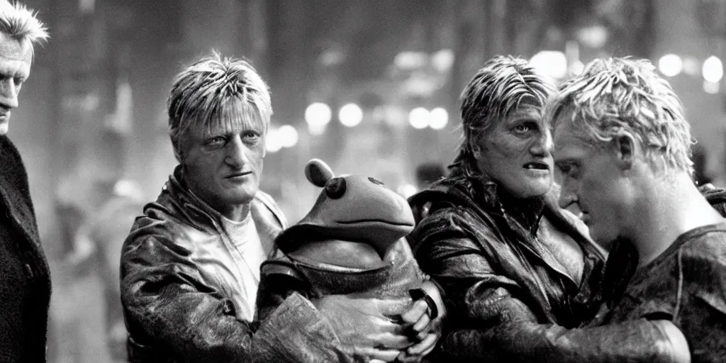 Image similar to Kermit the frog talking to Rutger Hauer on the set of the movie bladerunner, 3d detailed, digital art