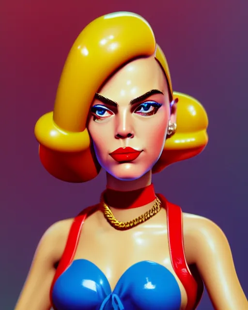 Prompt: closeup profile face profile portrait of a tin toy cara delevigne as a waitress in a diner, bikini, hyper realistic, artstation, illustration, concept art by dan decarlo, digital paint, matte paint, vivid colors, bright, cheerful, detailed and intricate environment