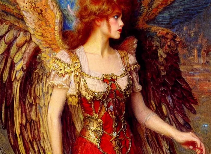 Image similar to horizontal prtrait of an angel knight gothic girl, baroque dress. by gaston bussiere