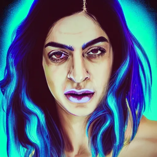 Prompt: “high detail portrait of Inbar Lavi with blue hair, digital art, concept art, neon colors, studio lightning, high contrast, sharp focus, hiperrealist, photorealist, Artstation HQ, DeviantArt, cybernetics, techwear, urban samurai, netrunner, Shadowrun, Cyberpunk 2077, Deus Ex, 4k UHD, Unreal Engine 5”