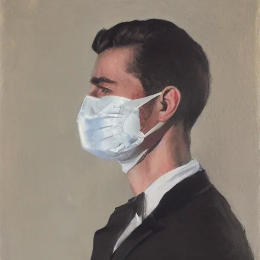 Prompt: portrait of young man wearing black medical mask, style of coby whitmore