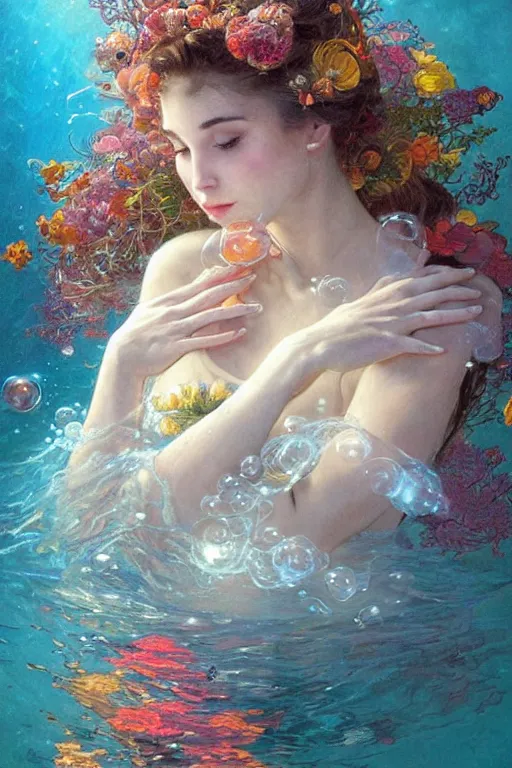 Image similar to portrait of a beautiful mysterious woman holding a bouquet of flowing flowers, small bubbles from her mouth, hands hidden under the bouquet, submerged underwater filled with colorful small fish and coral reef, fantasy, regal, intricate, by stanley artgerm lau, greg rutkowski, thomas kindkade, alphonse mucha, loish, norman rockwell