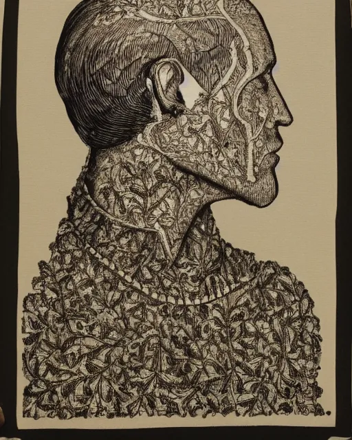 Image similar to a man's face in profile, wearing a collared shirt, made of intricate decorative lace leaf skeleton, in the style of the dutch masters and gregory crewdson, dark and moody