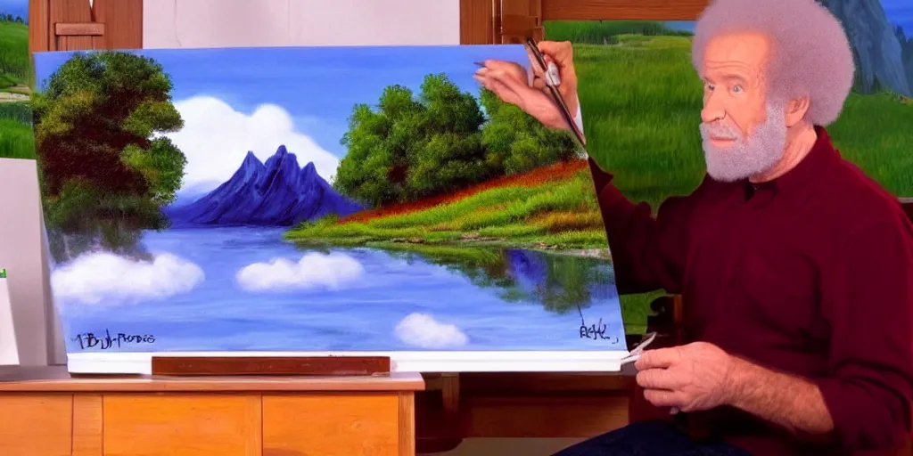 Prompt: a still of Bob Ross painting the windows xp wallpaper