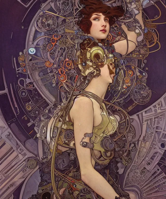Image similar to realistic detailed portrait of a humanoid mecha cyberpunk! goddess by Alphonse Mucha and Charlie Bowater and art germ, rule of thirds, golden ratio, Art Nouveau! cyberpunk! style, mechanical accents!, mecha plate armor, realistic human arms, flowing wires with leaves, art nouveau accents, art nouveau patterns and geometry, rich deep moody colors