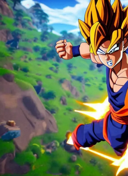 Image similar to game still of a sayan goku as a fortnite skin in fortnite by fortnite, pose.