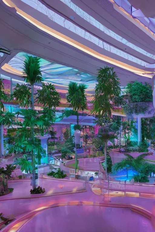 Image similar to vaporwave aesthetic indoor liminal 90s mall with a lazy river, cinematography by Wes Anderson, Wide angle shot, 4k octane render, Fuji film, intricate detail, photoreal, cinematic, sublime atmosphere