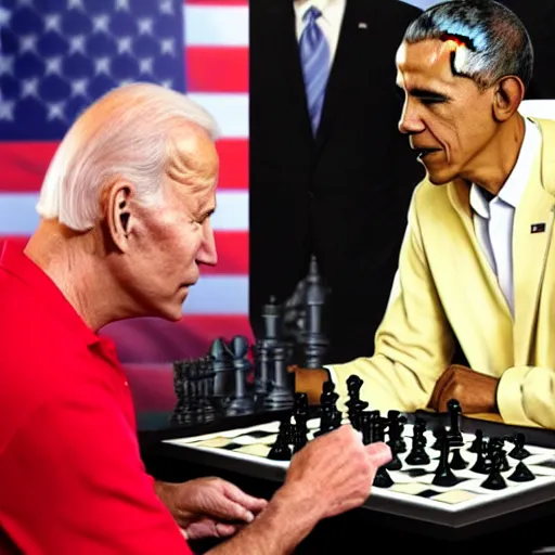 Prompt: joe biden playing a game of chess with obama , 4k , 8k