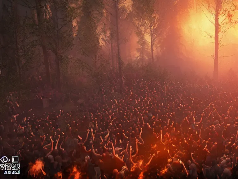 Image similar to brutal mosh pit in a forest fire, 8 k, ultra realistic, lens flare, atmosphere, glow, detailed, intricate, full of colour, cinematic lighting, trending on artstation, 4 k, hyperrealistic, focused, extreme details, unreal engine 5, cinematic, masterpiece