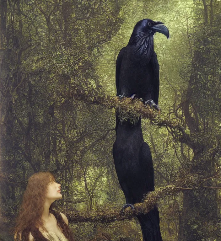 Image similar to a breathtakingly stunningly pre raphaelite beautifully highly detailed extreme close up animal portrait of a majestic raven, in an forest smokey water reflections, framed, by rosetti and devinci and michael cheval and sidney cooper and turner, 4 k