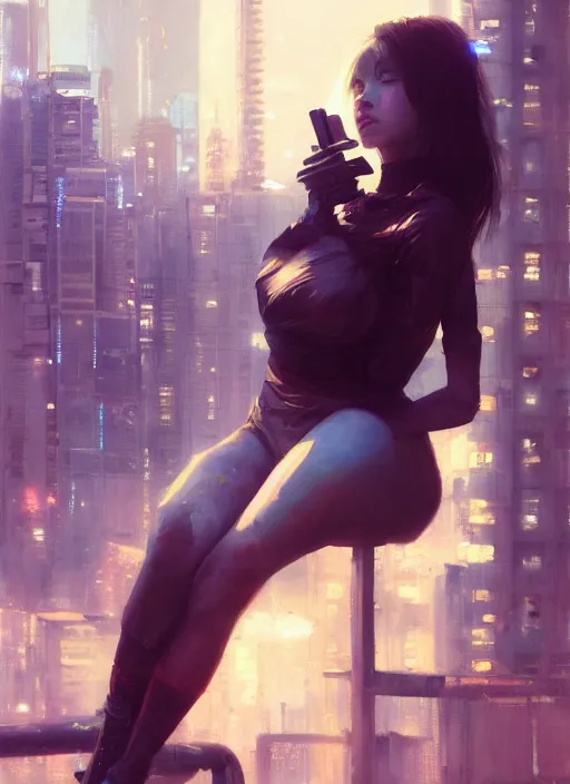 Prompt: girl sitting on a rooftop, cyberpunk, medium shot, expressive oil painting, by yoshitaka amano, by jeremy lipking, by artgerm, by wlop, digital art, gorgeous realistic eyes