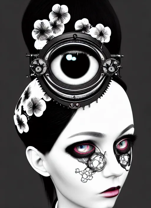 Image similar to black and white gothic masterpiece profile face portrait, one steampunk eye biomechanical beautiful young female cyborg - vampire, body meshes, big monocular, volumetric light, hibiscus flowers, by hg giger, rim light, big gothic fashion pearl embroidered collar, 8 k