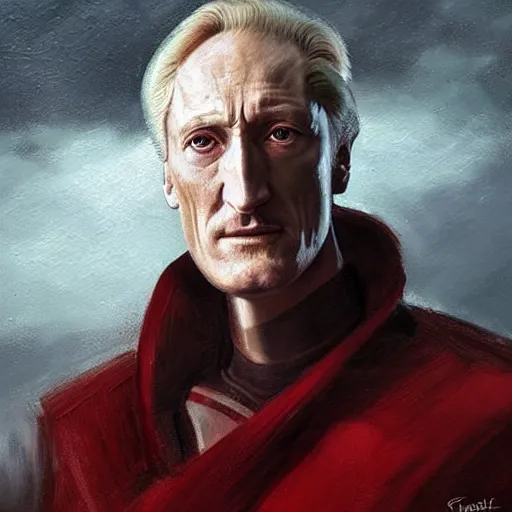 Image similar to portrait of a man by greg rutkowski, he looks like charles dance, star wars expanded universe, he is about 7 0 years old, wearing white and red chancellor clothes of the galactic triunvirate.