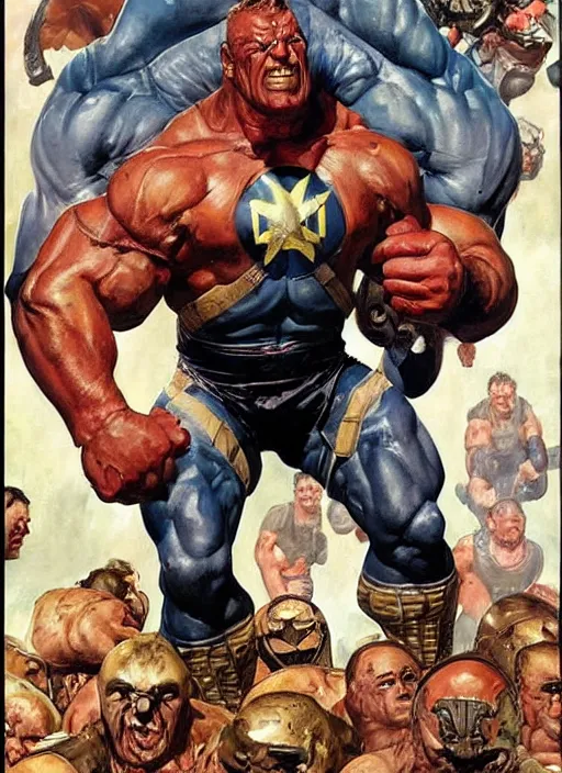 Image similar to full body and head portrait of huge mutant dorian yates as marvel's juggernaut, dynamic action, painted by norman rockwell and phil hale and greg staples and tom lovell and frank schoonover and jack kirby