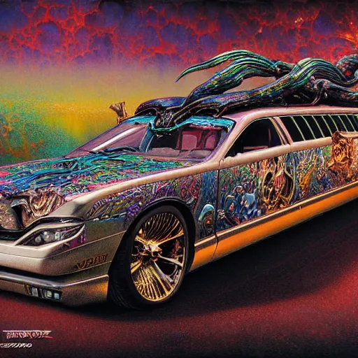 Prompt: realistic detailed image of a Drag Racing Nightmare Hearse with Custom Rims and Iridescent Paint Job Metallic Chrome Pipes Big Engine by Ayami Kojima, Amano, Karol Bak, Greg Hildebrandt, and Mark Brooks, Neo-Gothic, gothic, rich deep colors. Beksinski painting, part by Adrian Ghenie and Gerhard Richter. art by Takato Yamamoto. masterpiece