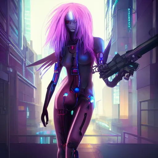 Prompt: colored pencil, anime cyberpunk dark fantasy gothic art, beautiful full body female cybernetically enhanced - angel, red blue purple black fade gradient hair, glowing red left eye and glowing blue right eye, cinematic lighting, advanced digital cyberpunk art, wlop, rossdraws sakimimichan, ilya kuvshinov, krenz cushart, greg rutkowski - c 1 0