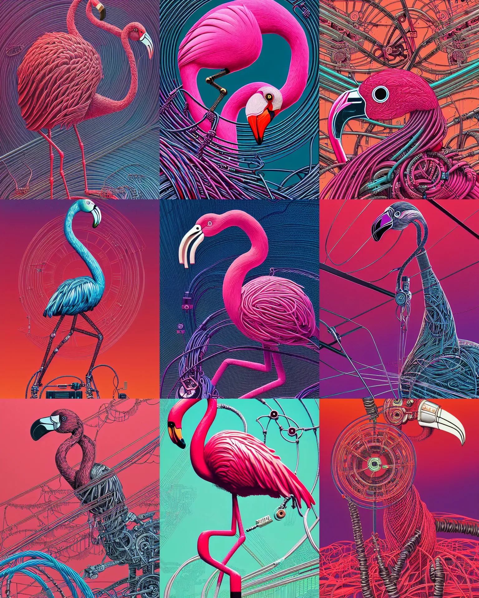 Prompt: portrait of a cybernetic flamingo with intricately detailed machinery components and twisting wires and cables, dan mumford, petros afshar