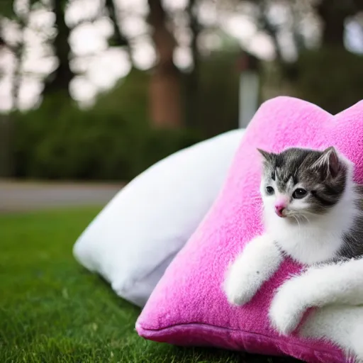 Image similar to A cute little kitten sits on the top of a plush heart-shaped pillow in the park, Canon EOS R3, f/1.4, ISO 200, 1/160s, 8K, RAW, unedited, symmetrical balance, in-frame