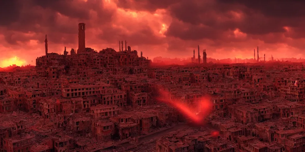 Prompt: a film still from constantine by christopher nolan - a destroyed city in a windstorm, vibrant, 3 5 mm lens, evening, dramatic lighting, sunset red and orange, cinematic, global illumination, photorealistic, bloom