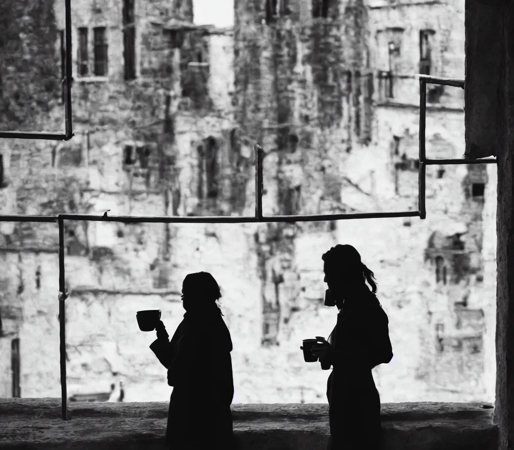 Prompt: the silhouette of a woman drinking coffee, looking out to an old medieval town, over the shoulders shot, cinematic, 4 k, detailed, 3 5 mm film, black and white