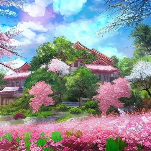 Image similar to a concept art of a villa full of beautifull sakura flowers