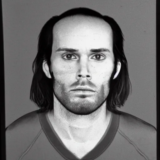 Image similar to A mugshot portrait of a man who looks like Jerma985 with a receding hairline and short mid-length wavy hair, wearing mid-1980s menswear in the late 1980s, taken in the late 1980s, grainy, realistic, hyperrealistic, very realistic, highly detailed, very detailed, extremely detailed, detailed, trending on artstation, front facing, front view, headshot and bodyshot, detailed face, very detailed face