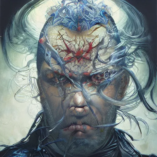 Prompt: painting of a man, furious, combination in the style Ayami Kojima, Amano, Karol Bak, Greg Hildebrandt, and Mark Brooks, neogothic art, detailed, trending on Artstatio