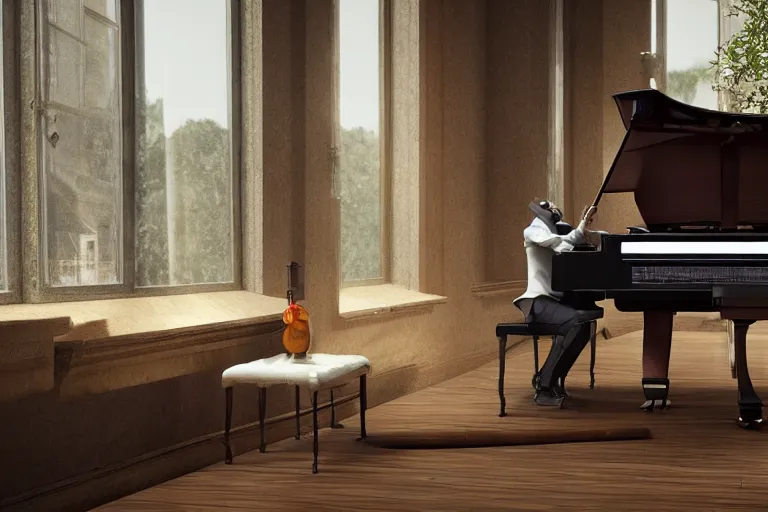 Image similar to a giant ant sitting on a piano bench wearing a bow tie and playing the piano, unreal engine, photorealistic digital art