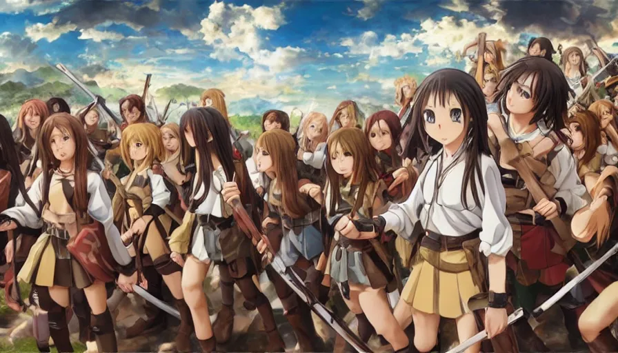 Image similar to jesus christ our lord standing in the front leading an army of cute anime girls into battle, photorealistic, anime, realistic faces, mini skirt, long hair, lightly dressed, renaissance painting, hyper real, detailed, closeup shot, ultra detailed