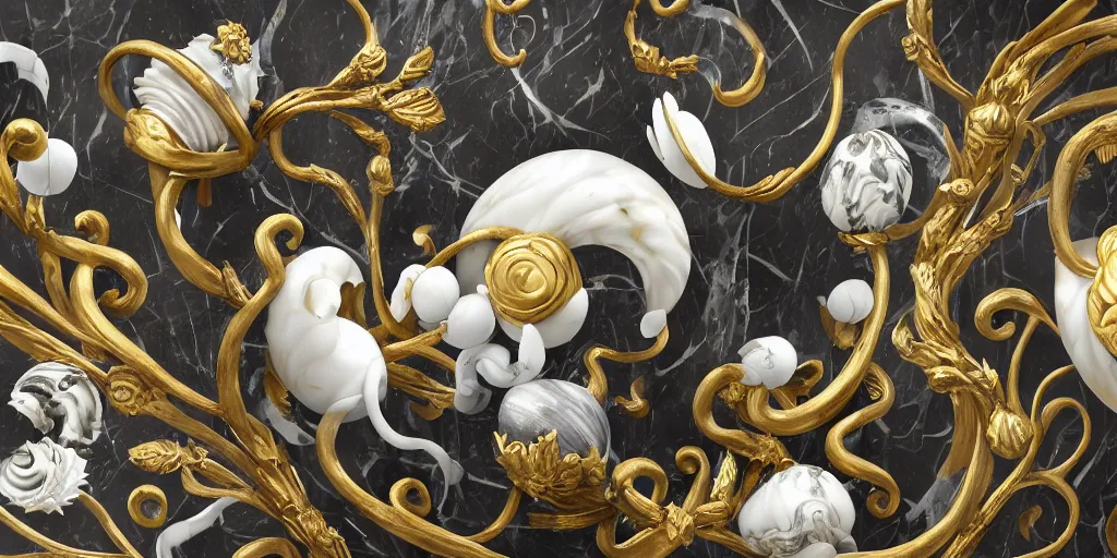 Prompt: hollow, knight, artisan, feathers, wide angle, italian masterpiece, Ashford Black Marble, sculpture, baroque, draped with white Hibiscus and vines faberge eggs, white marble and gold, drapes, snails, Obsidian, underwater, render, octane, artstation, ultra detailed