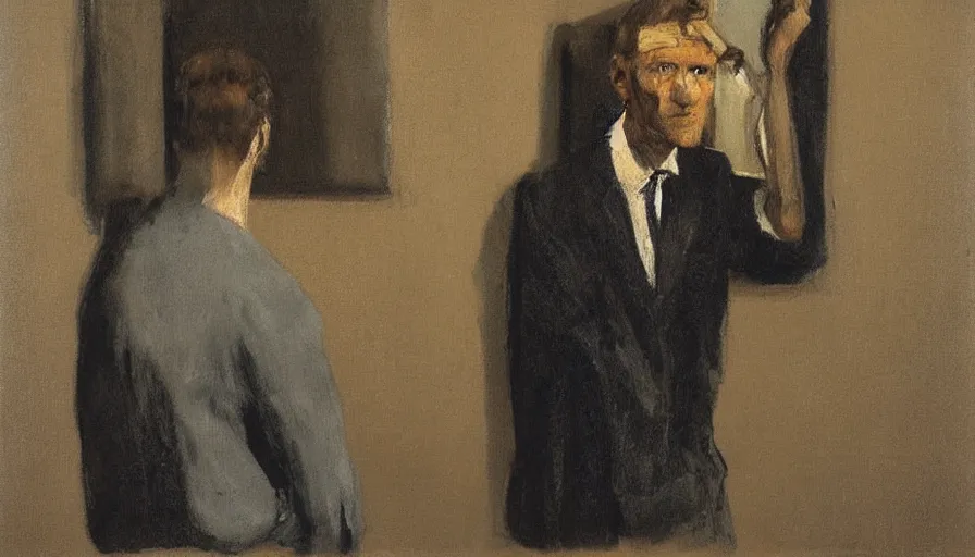 Prompt: painting by borremans, sketched man in front of the mirror, detailed, stunning