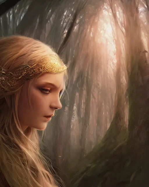 Prompt: cinematic side portrait blonde girl, adventurer outfit large cloak, fantasy forest landscape, dragon scales in hair, fantasy magic, long wavy blonde hair, dark light night, intricate, sharp focus, lens flare, bloom, rim light, illustration, highly detailed, digital painting, concept art, matte, art by ruan jia