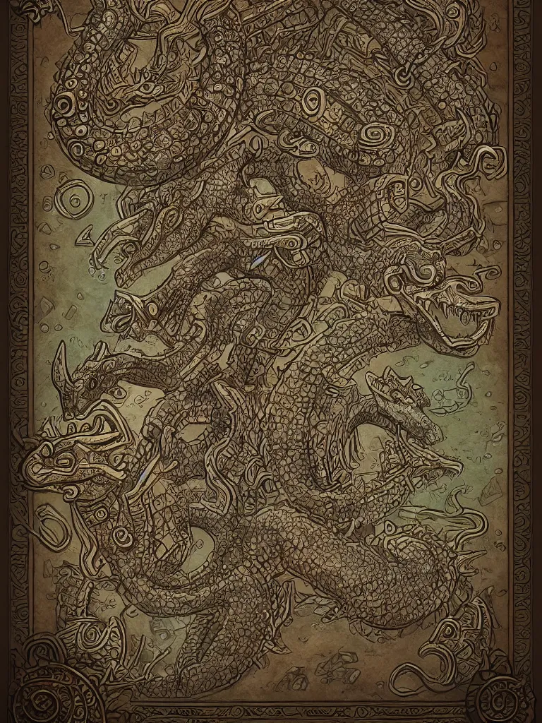 Image similar to mayan book decorative border frame, crocodile illuminations, d & d, fantasy, intricate, elegant, highly detailed, digital painting, artstation, illustration, hearthstone