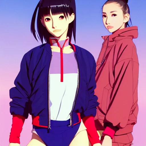 Image similar to a beautiful japanese natalie portman gravure model, wearing oversized native designer bomber jacket and leotard with overalls, bulky poofy bomber jacket with mesoamerican patterns, mesoamerican native street fashion, gapmoe yandere grimdark, trending on pixiv fanbox, painted by greg rutkowski makoto shinkai takashi takeuchi studio ghibli, akihiko yoshida