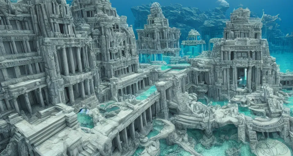 Prompt: the lost city of Atlantis, underwater, far view, fully built buildings, white marble, hyper detailed, 4K