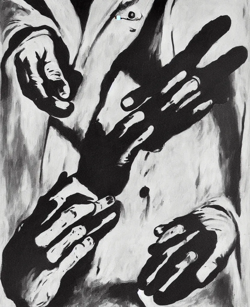 Image similar to a painting of soldier's hands writing a sad letter in el alamein battle, wwii,, black and white, bauhaus